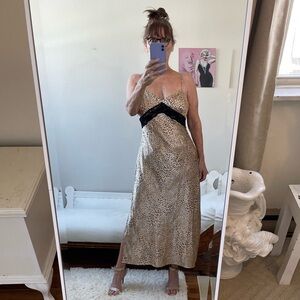 TAN CREAM LEOPARD PRINT SLIP DRESS STRAPS NEGLIGEE BLACK LACE AUGUST SILK